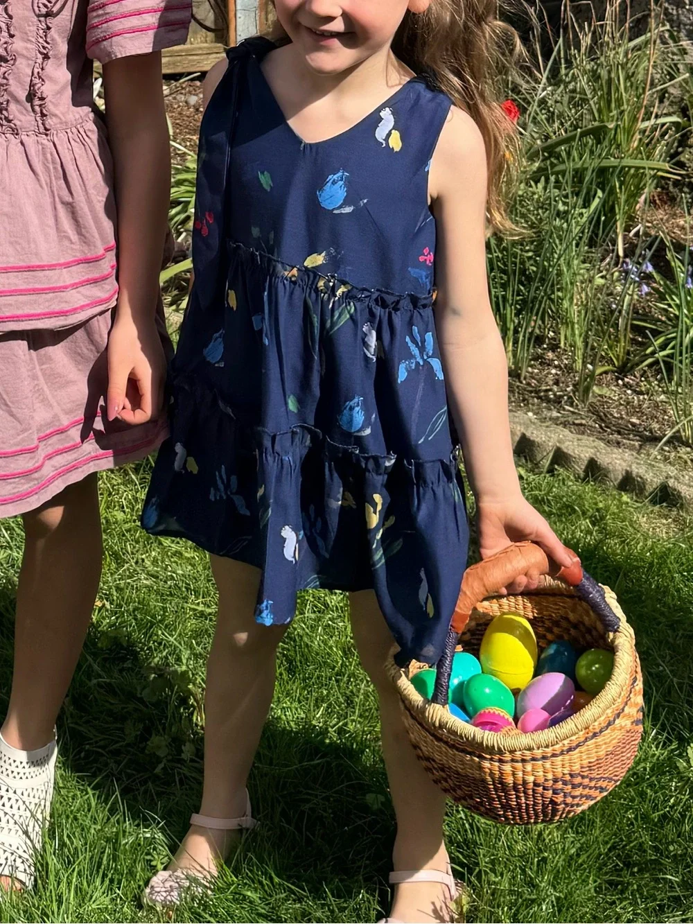 Girls Navy Floral dress with additional shoulder tie and flowers